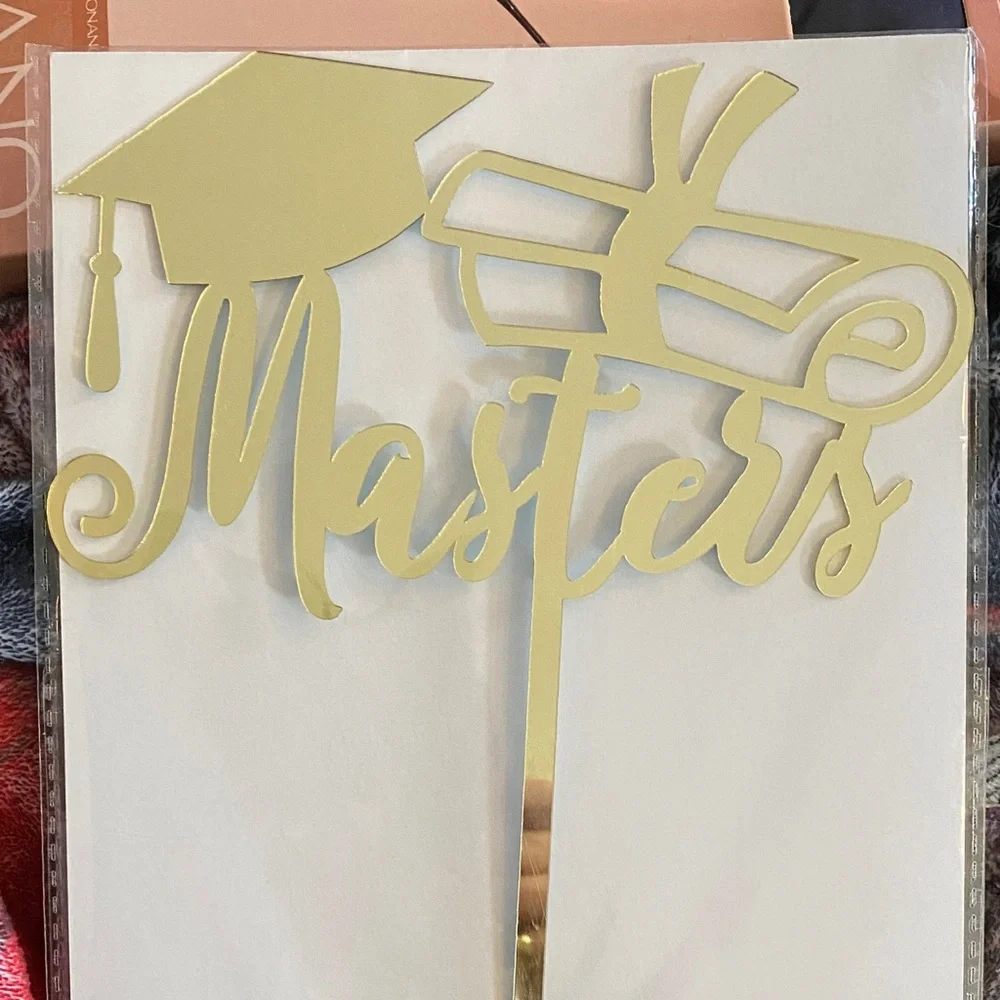 Gold Graduation Masters cake topper sign plastic new
